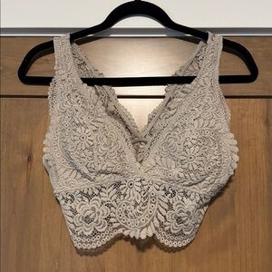 Aerie Far Out Lace Padded plunge Bralette Womens M Tan stretch Deep V Mesh retro